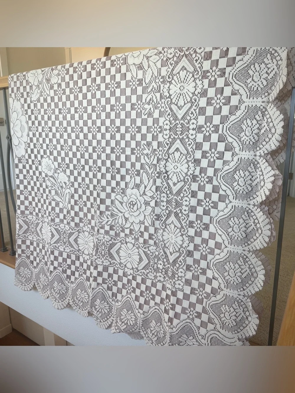 Large Floral Checkerboard Lace Tablecloth 114 x 71 Scalloped Ivory